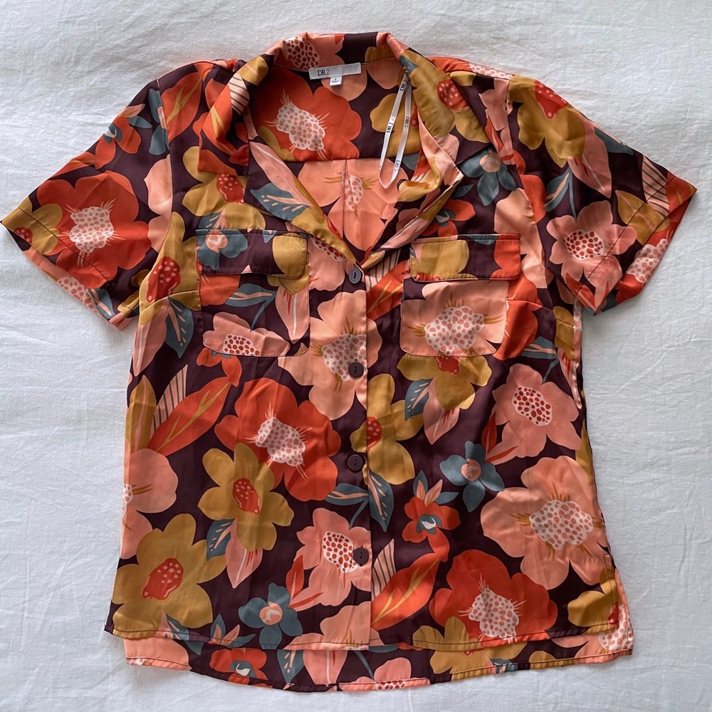 DR2 Orange Floral Silky Button Down